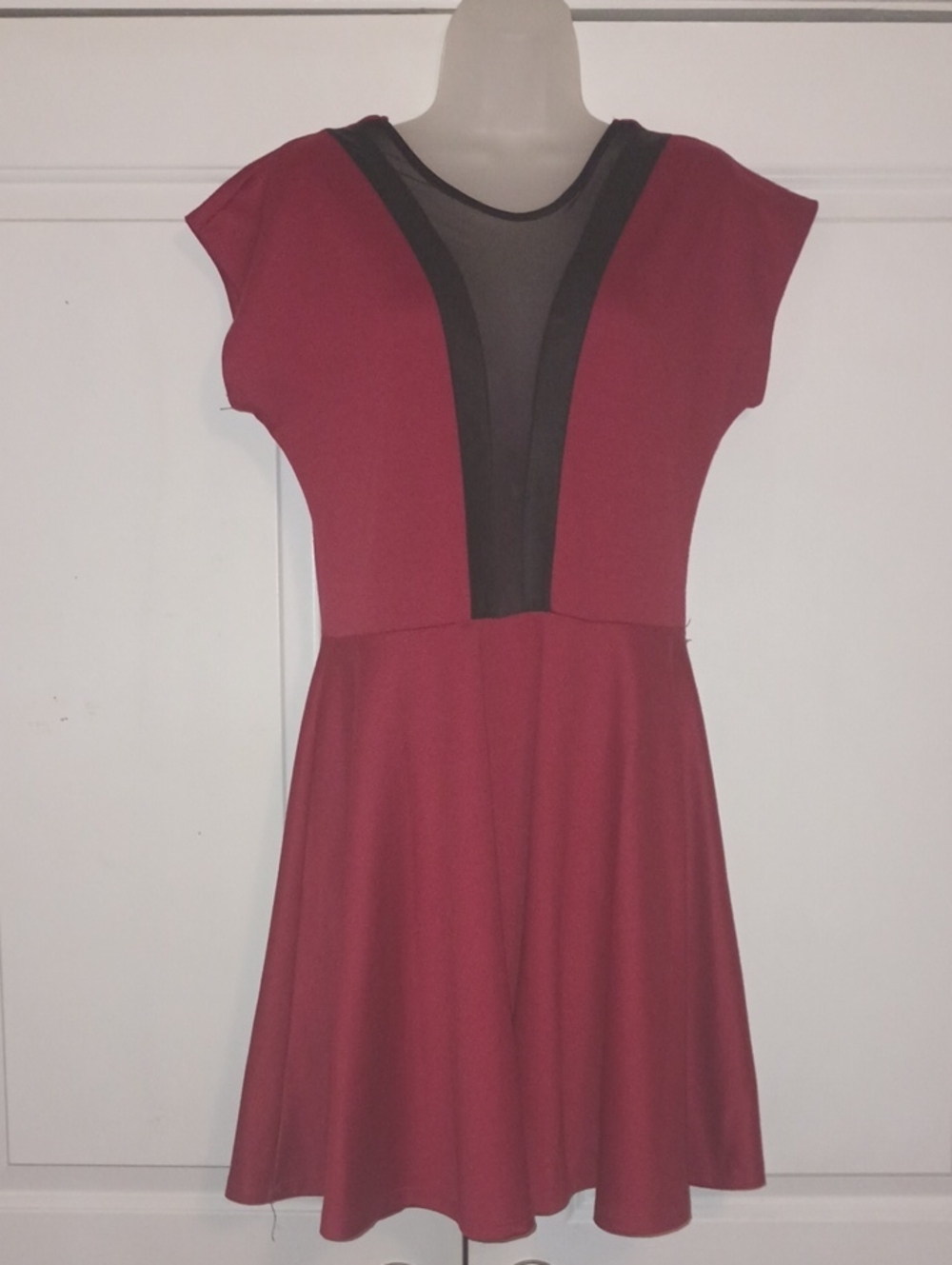 Sleeveless Burgundy Skater Dress with Sheer Black V-Inset